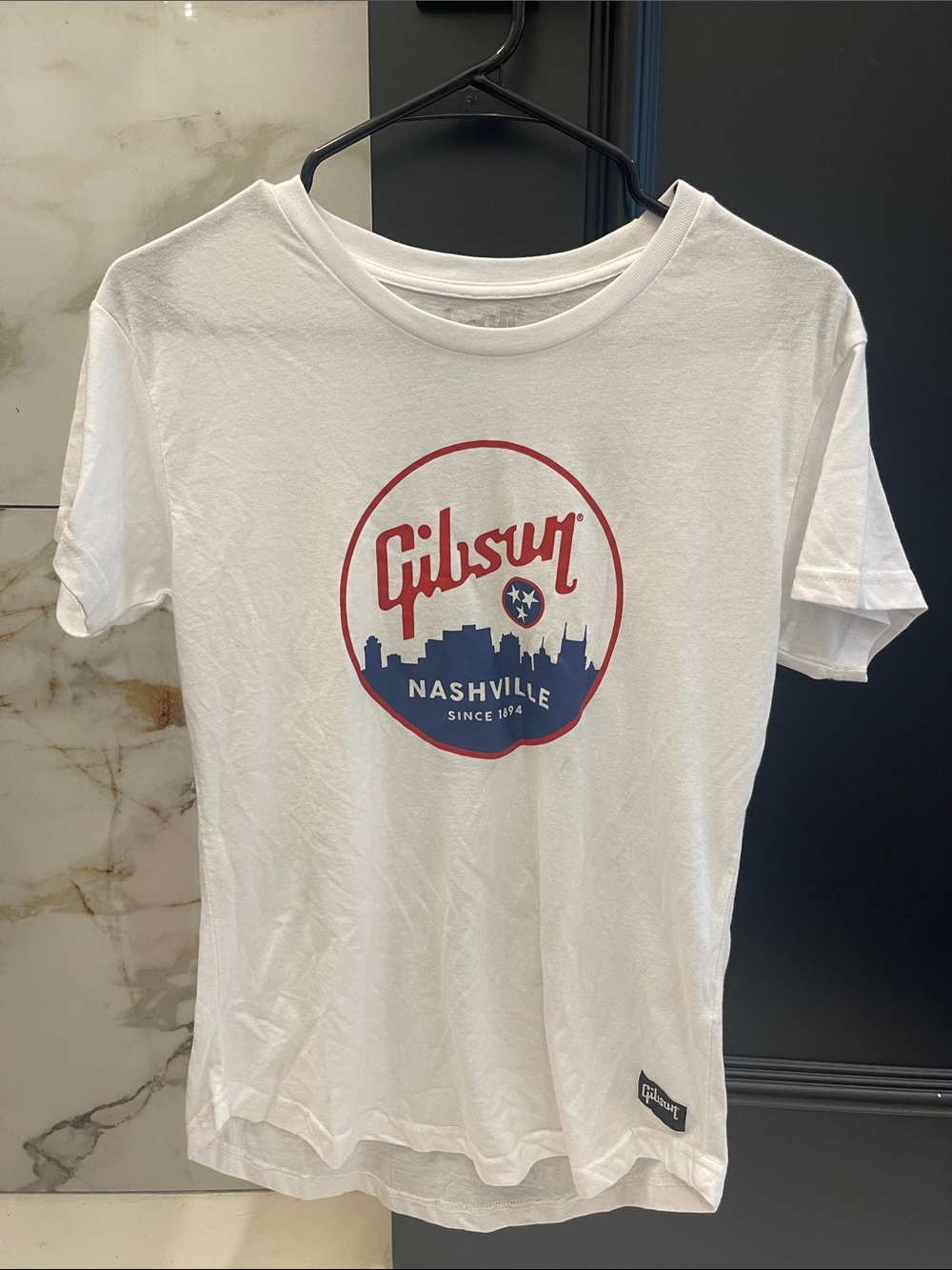 Gibson White Tee with Red & Blue Nashville Logo